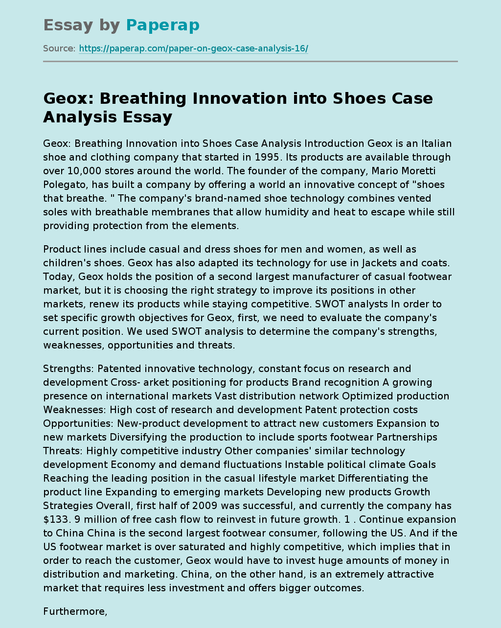 Geox: Breathing Innovation into Shoes Case Analysis
