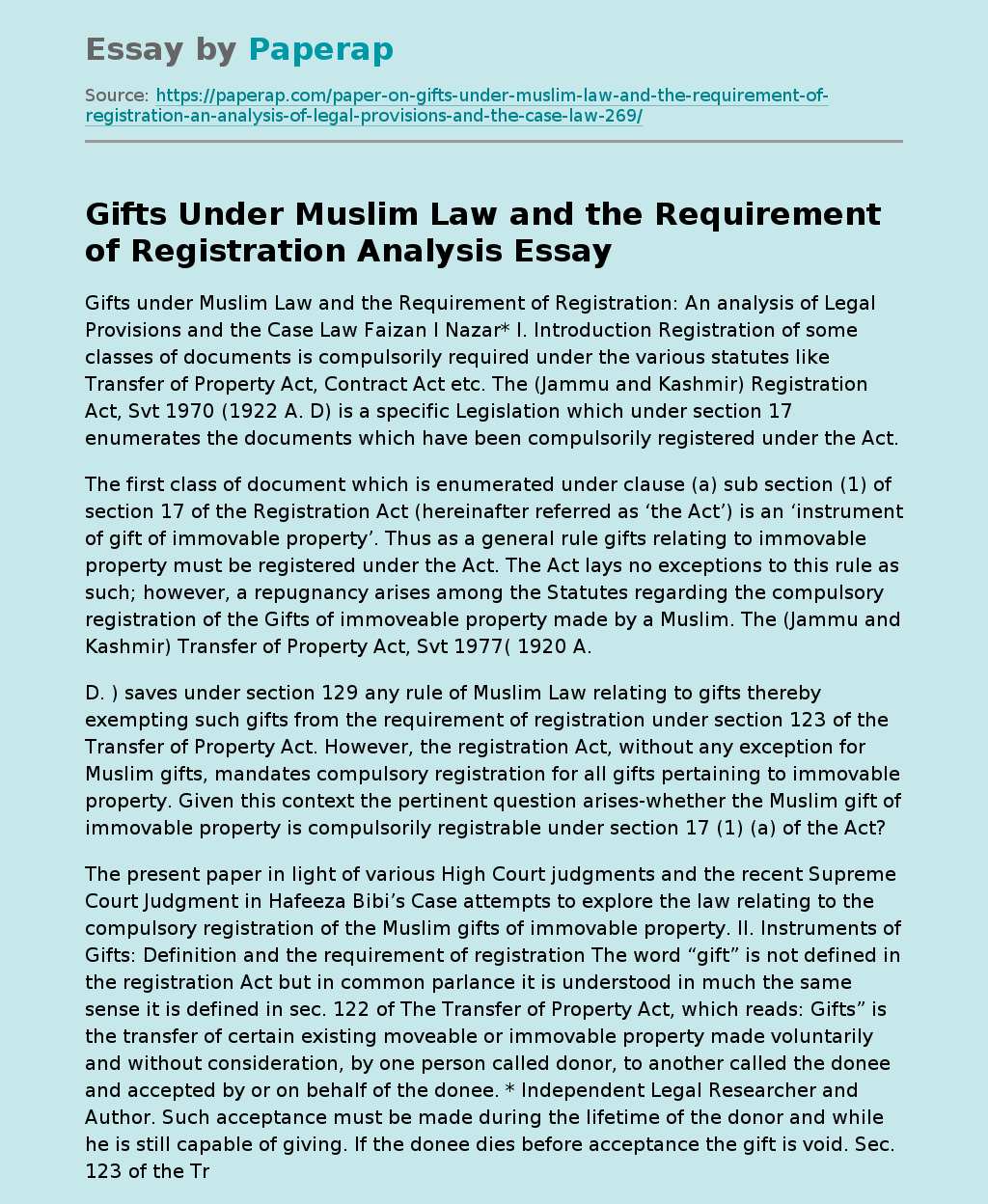 Gifts Under Muslim Law and the Requirement of Registration Analysis