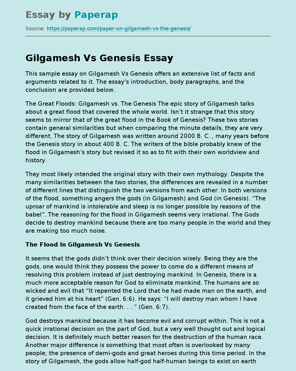 Sample Essay on Gilgamesh vs Genesis