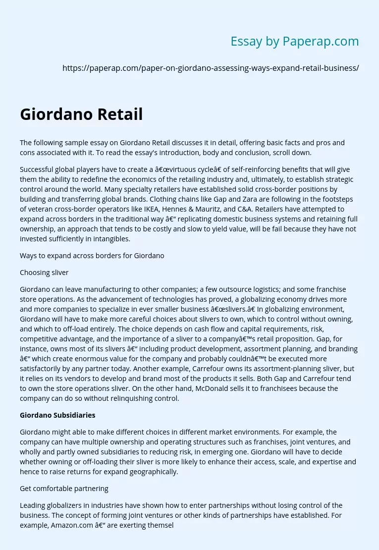 Sample Essay on Giordano Retail