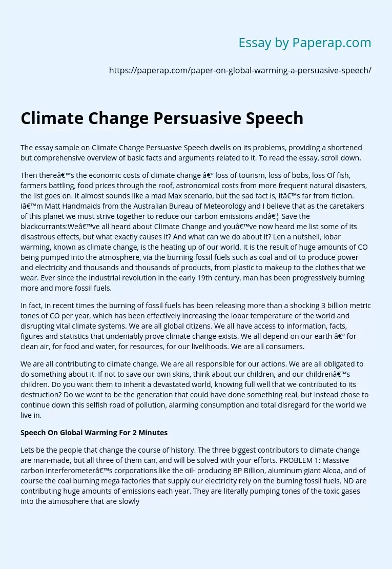 Climate Change Persuasive Speech Essay Example