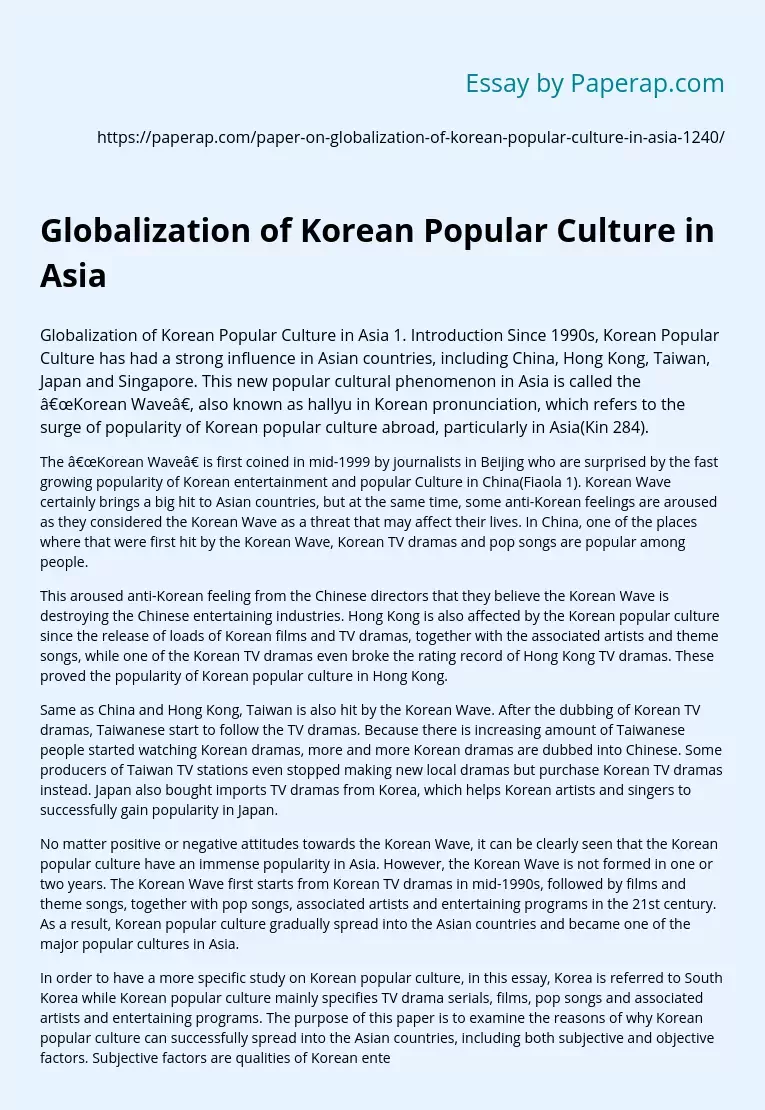 Globalization of Korean Popular Culture in Asia