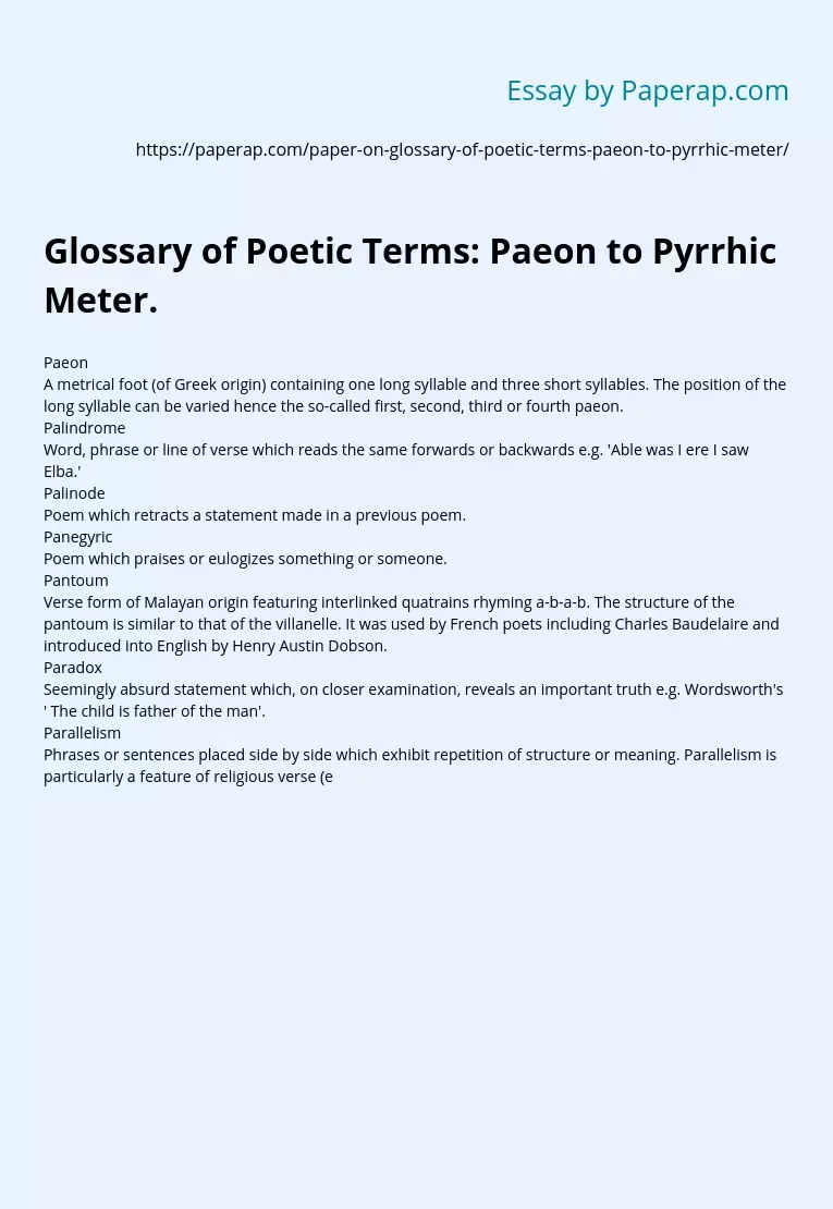 Glossary of Poetic Terms: Paeon to Pyrrhic Meter.