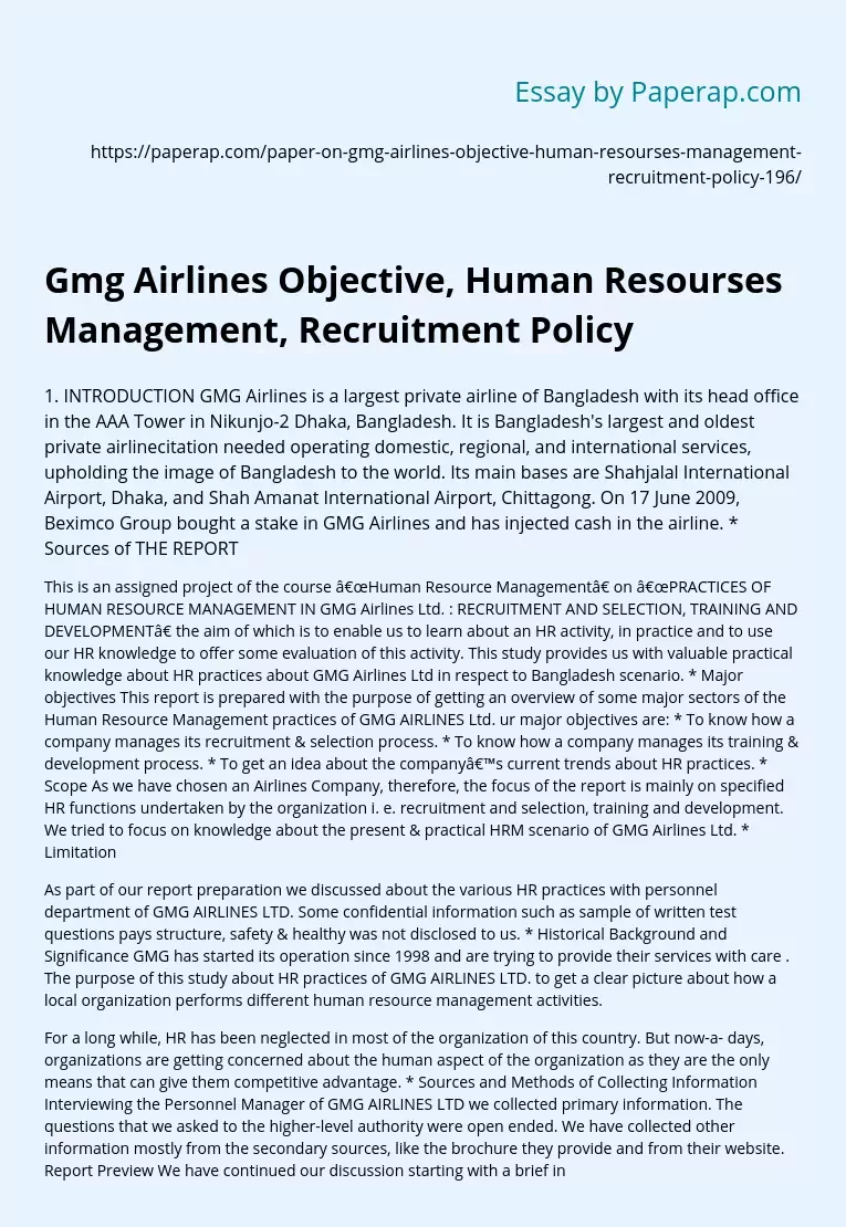 Gmg Airlines Objective, Human Resourses Management, Recruitment Policy