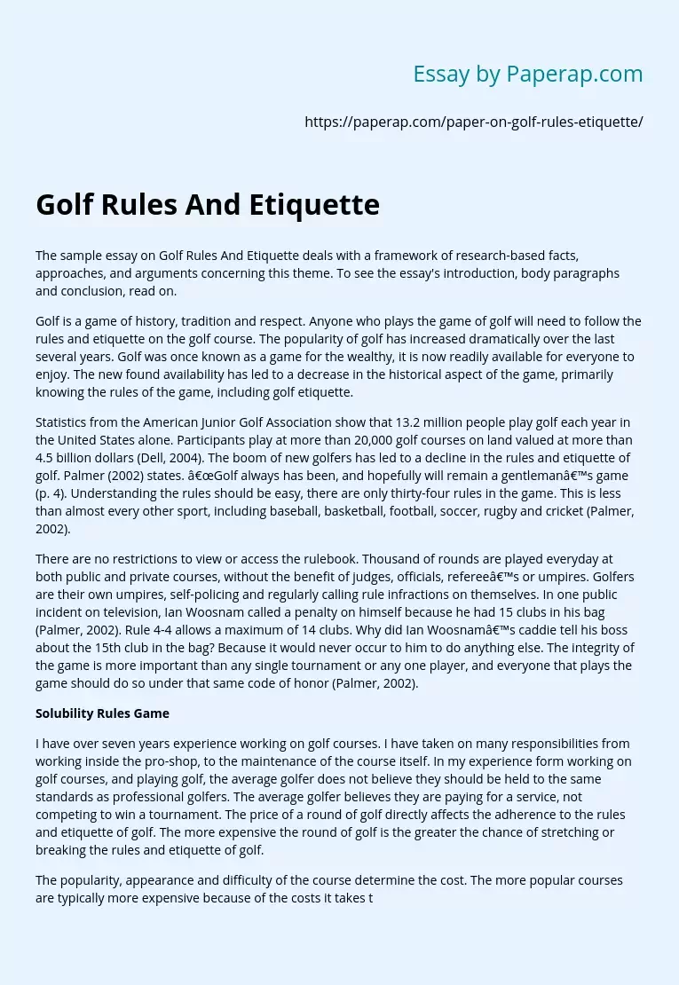 Реферат: Rules On Golf Essay Research Paper Golf