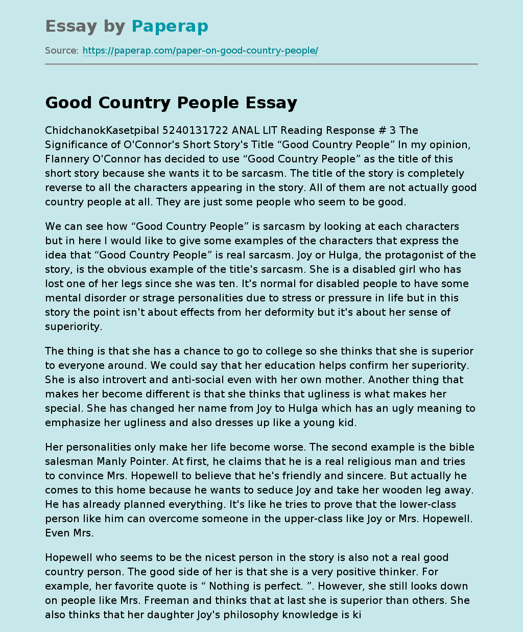 good country people by flannery o connor summary