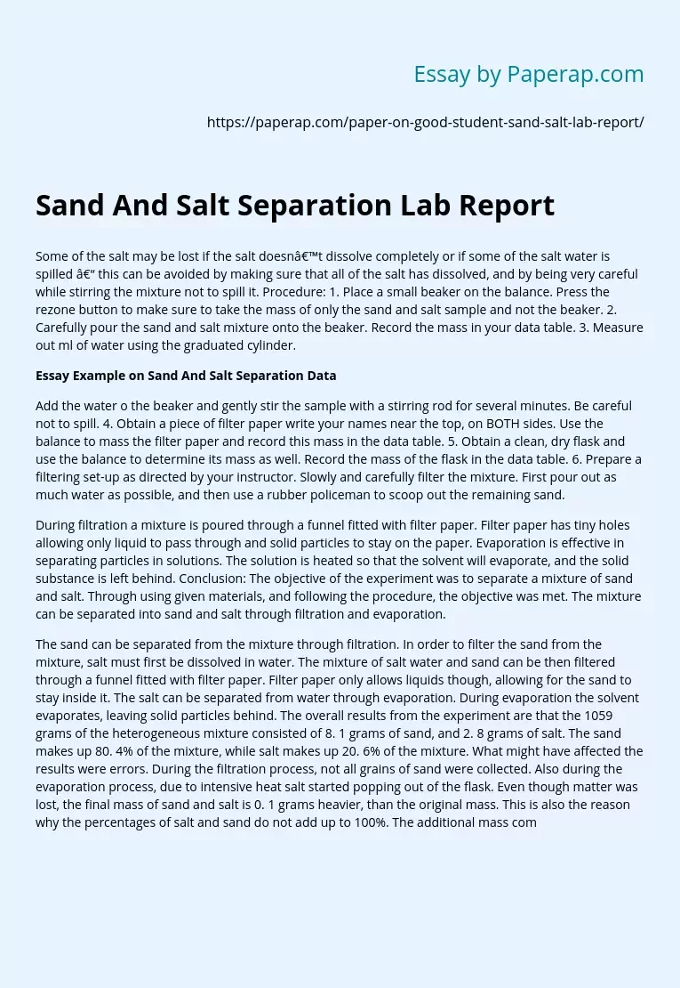 Sand And Salt Separation Lab Report