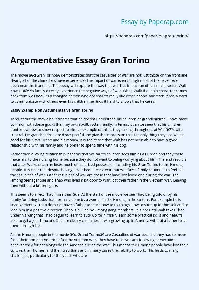 Argumentative Essay Gran Torino