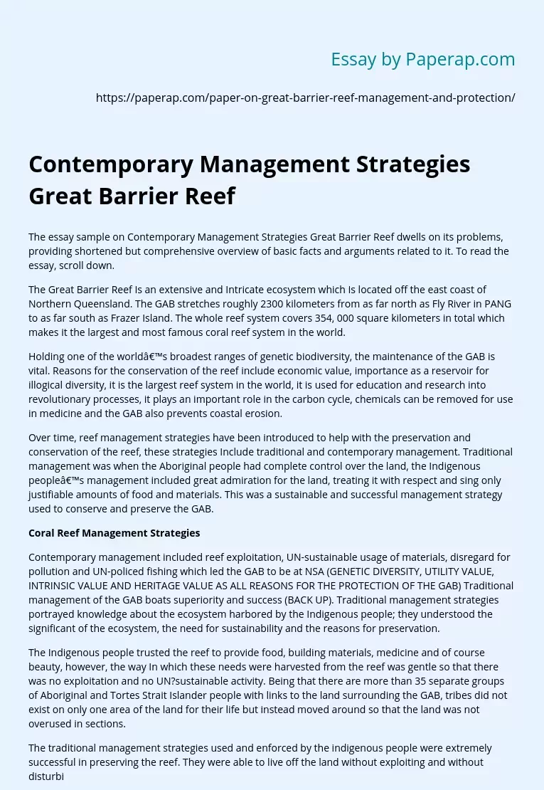 Contemporary Management Strategies Great Barrier Reef