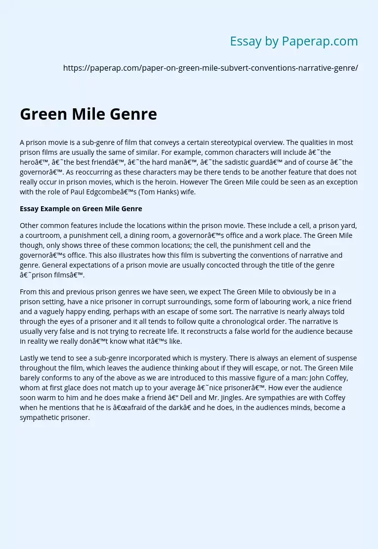 Essay Example on Green Mile Genre