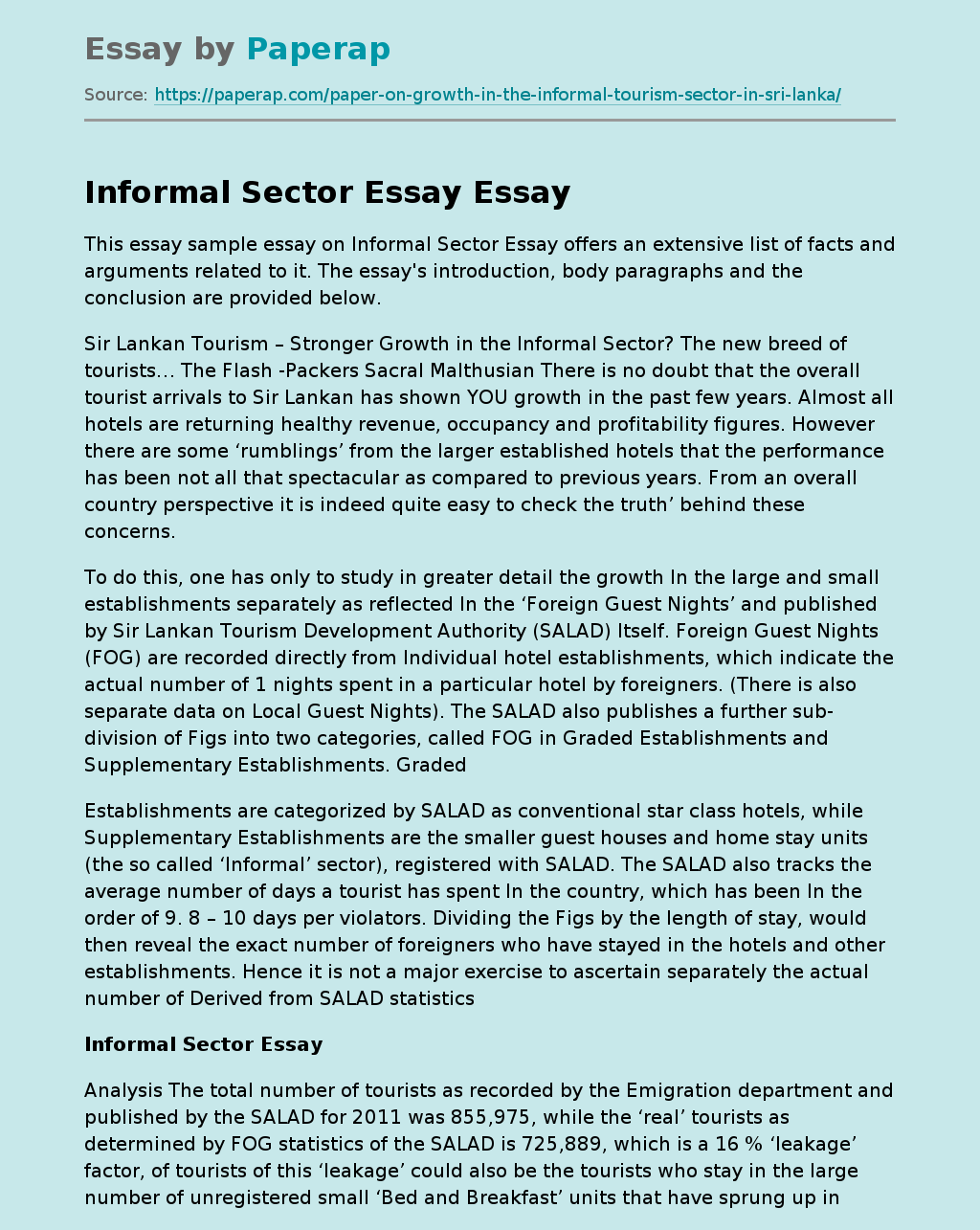 The Informal Sector and Its Characteristics