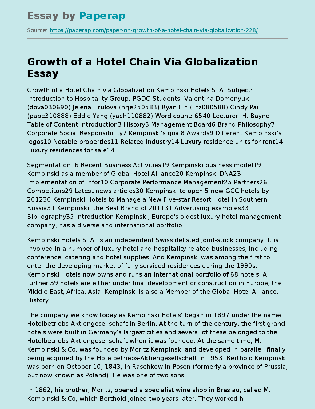 Growth of a Hotel Chain Via Globalization