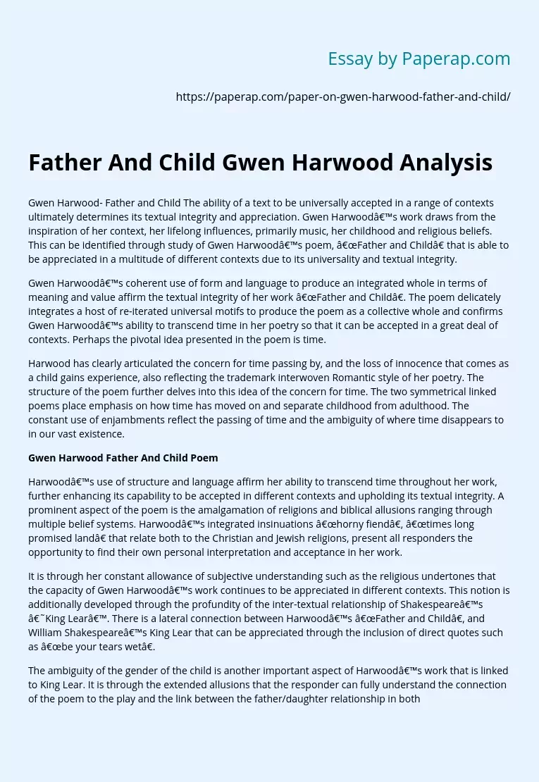Father And Child Gwen Harwood Analysis