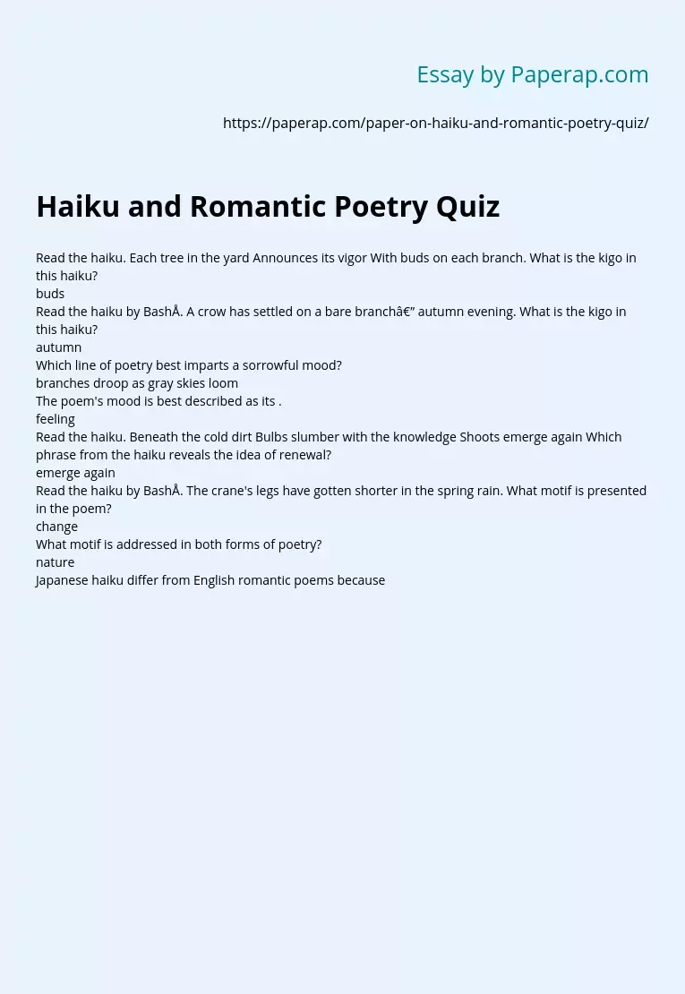 Haiku and Romantic Poetry Quiz