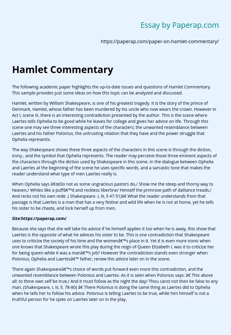 Problems and Questions of Commentary on Hamlet
