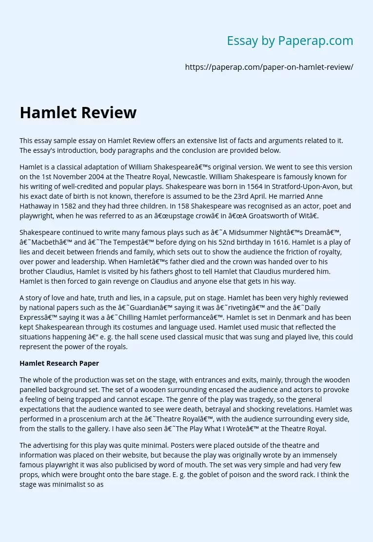 Hamlet at the Theatre Royal, Newcastle in 2004 Review