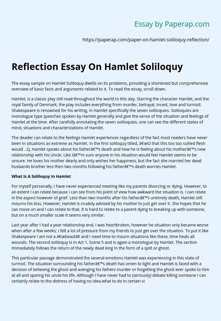 Reflection Essay On Hamlet Soliloquy