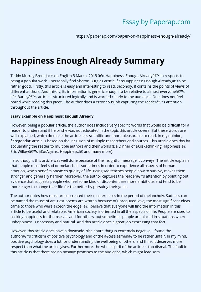 Happiness Enough Already Summary