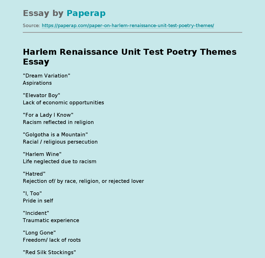 Harlem Renaissance Unit Test Poetry Themes