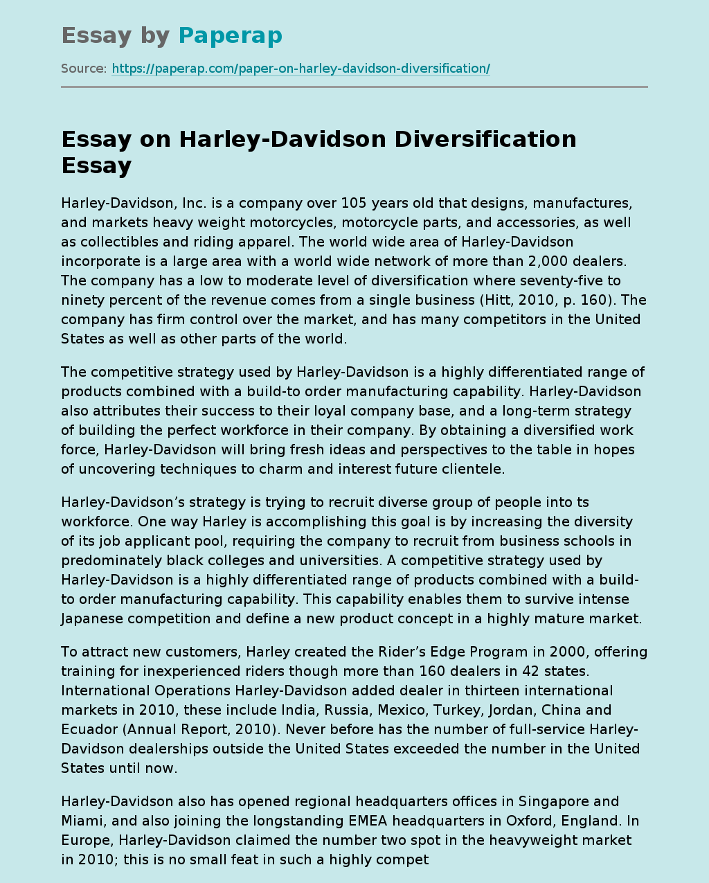 On Harley-Davidson Diversification