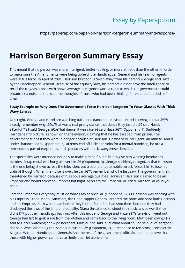 Harrison Bergeron Summary Essay