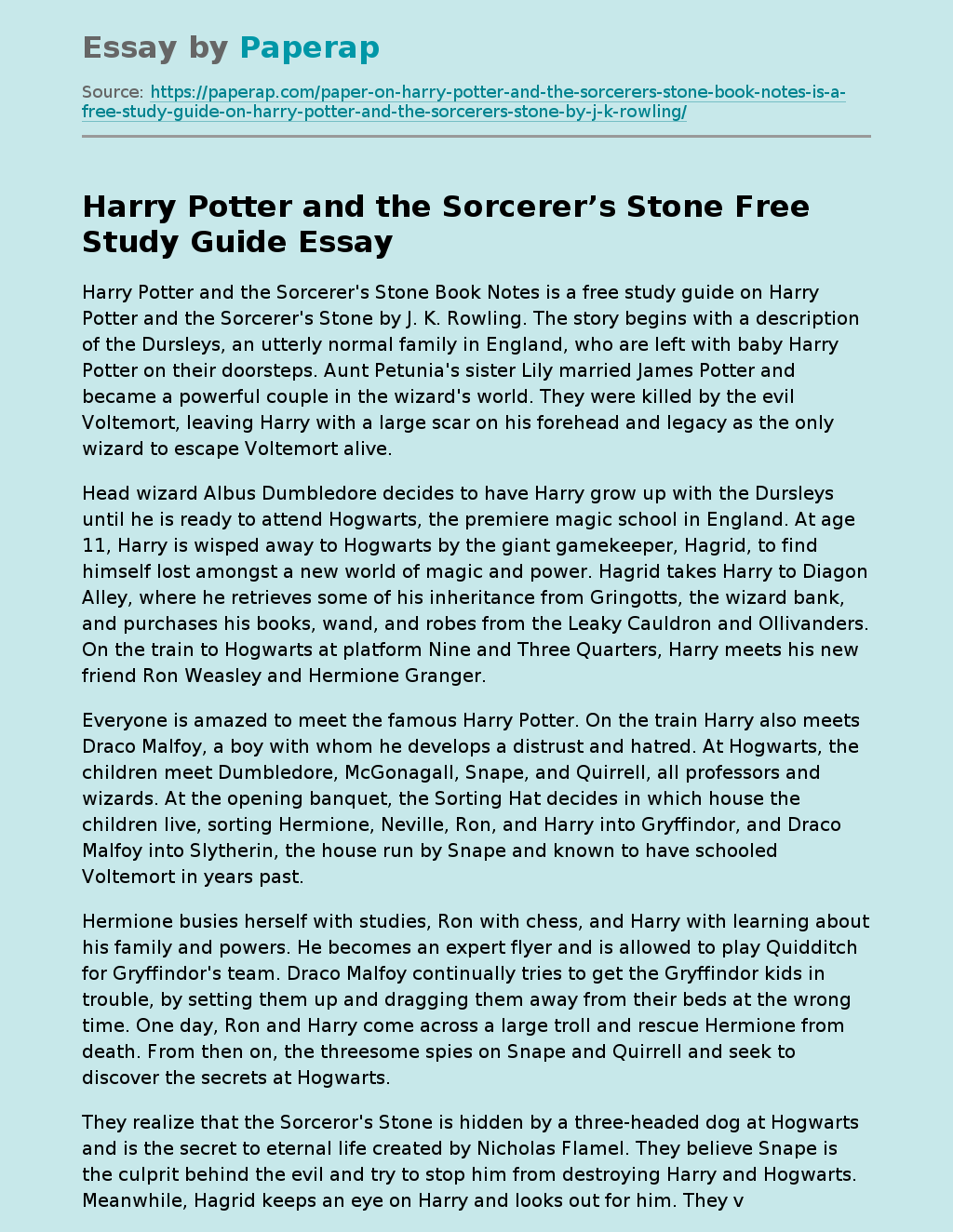 Harry Potter and the Sorcerer’s Stone Free Study Guide