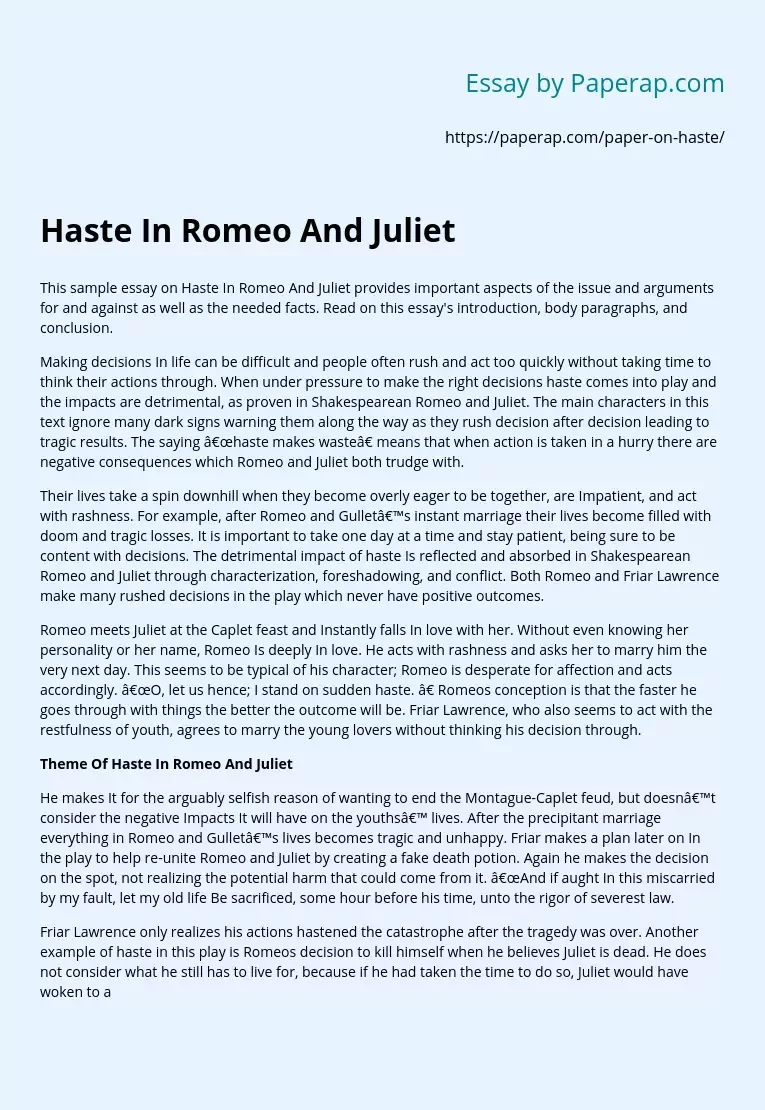 Haste In Romeo And Juliet