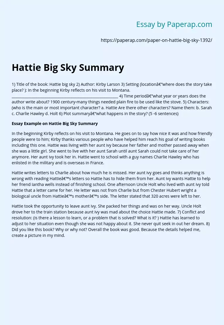Hattie Big Sky Summary