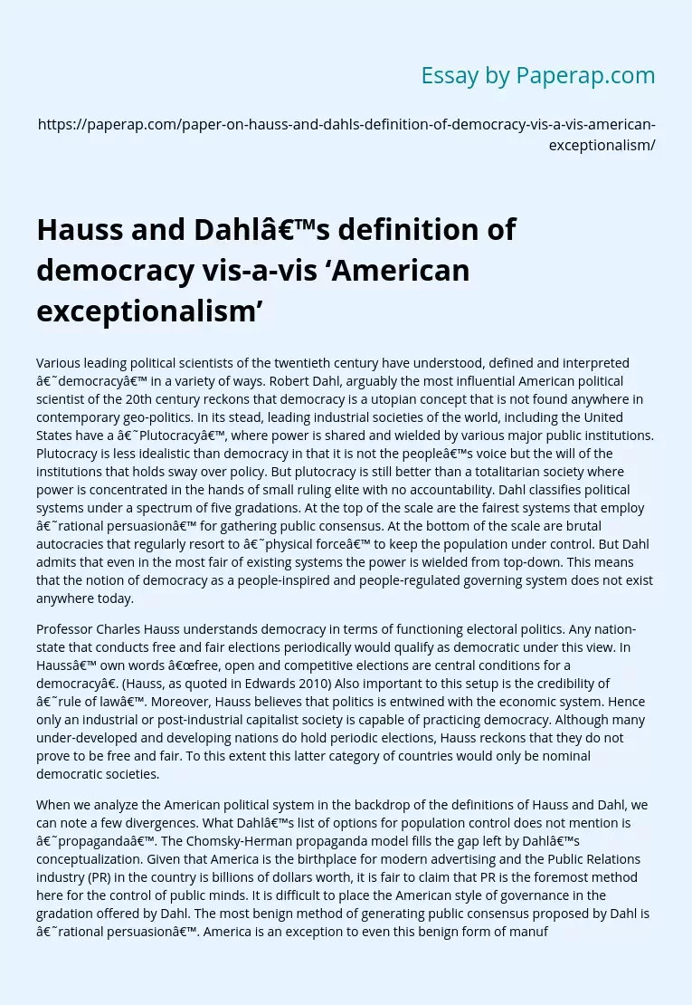 Hauss and Dahl’s definition of democracy vis-a-vis &#8216;American exceptionalism&#8217;