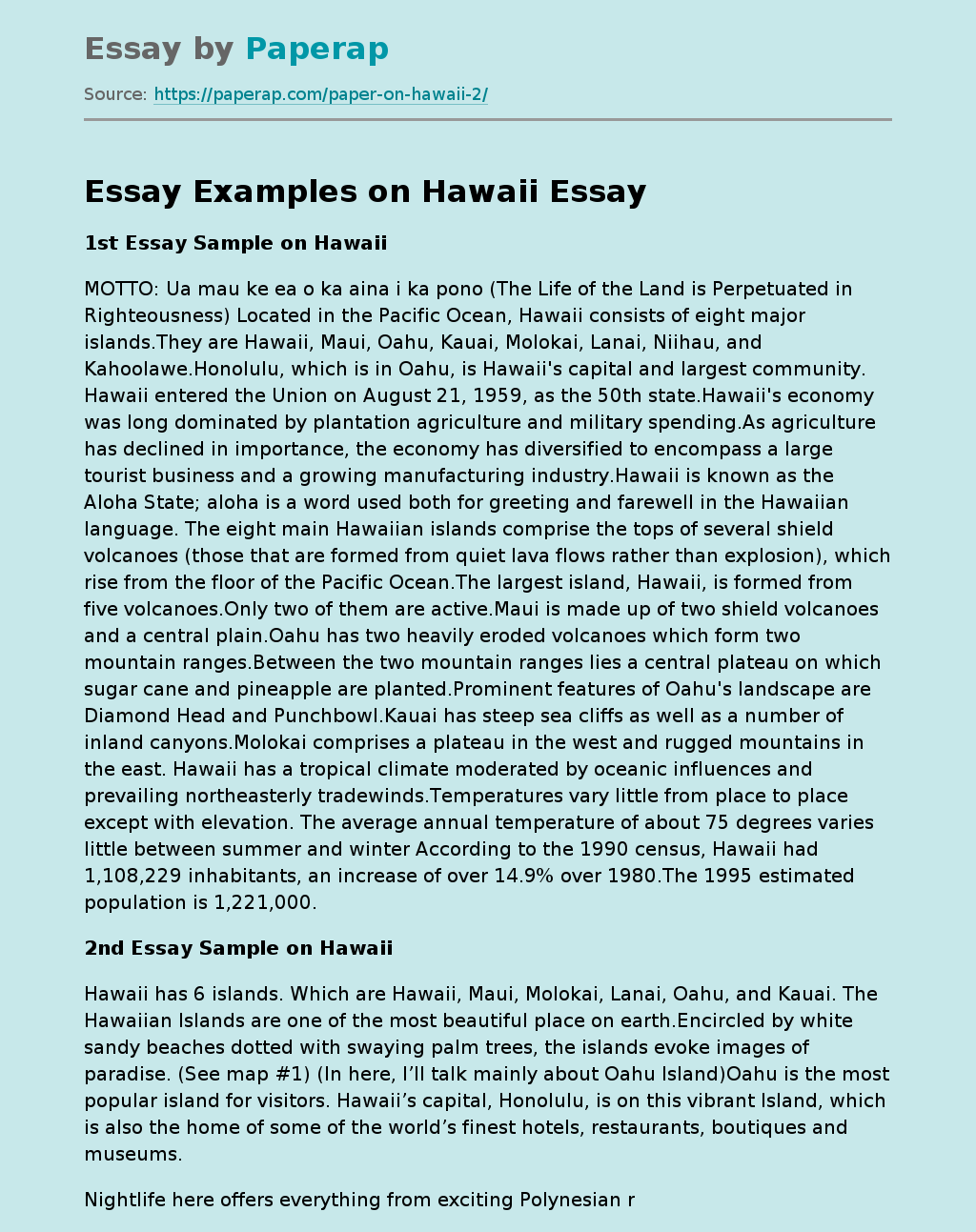 Essay Examples on Hawaii