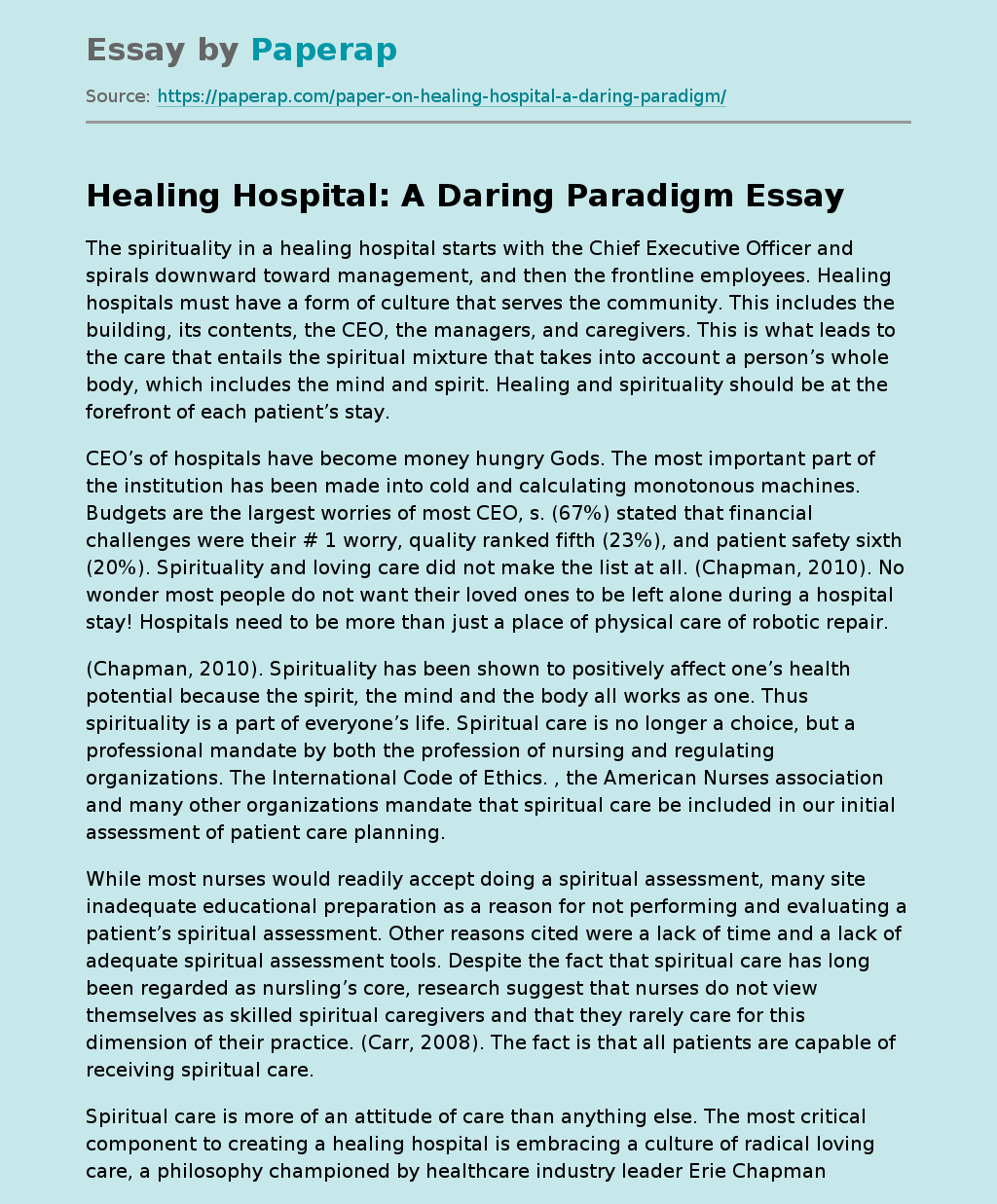 Healing Hospital: A Daring Paradigm