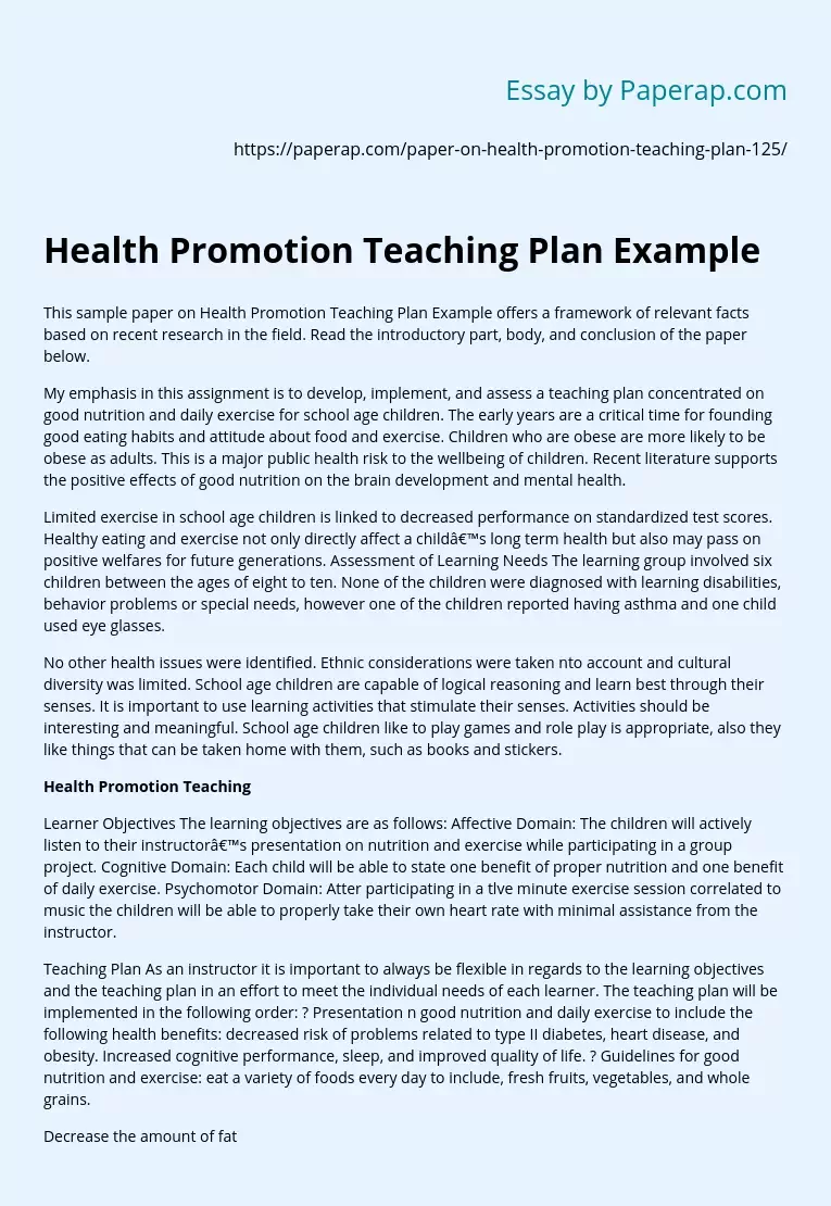 Health Promotion Teaching Plan Example