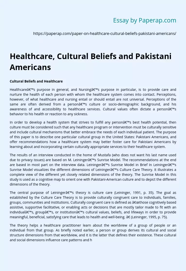 Healthcare, Cultural Beliefs and Pakistani Americans