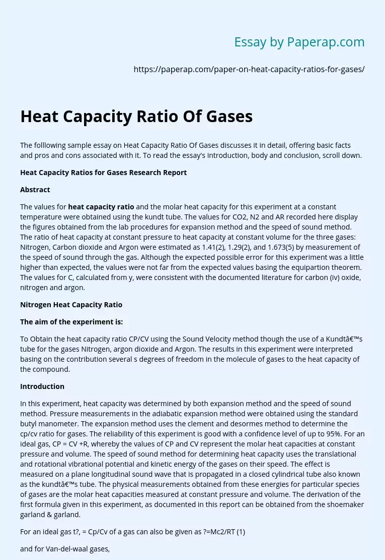 Heat Capacity Ratio Of Gases