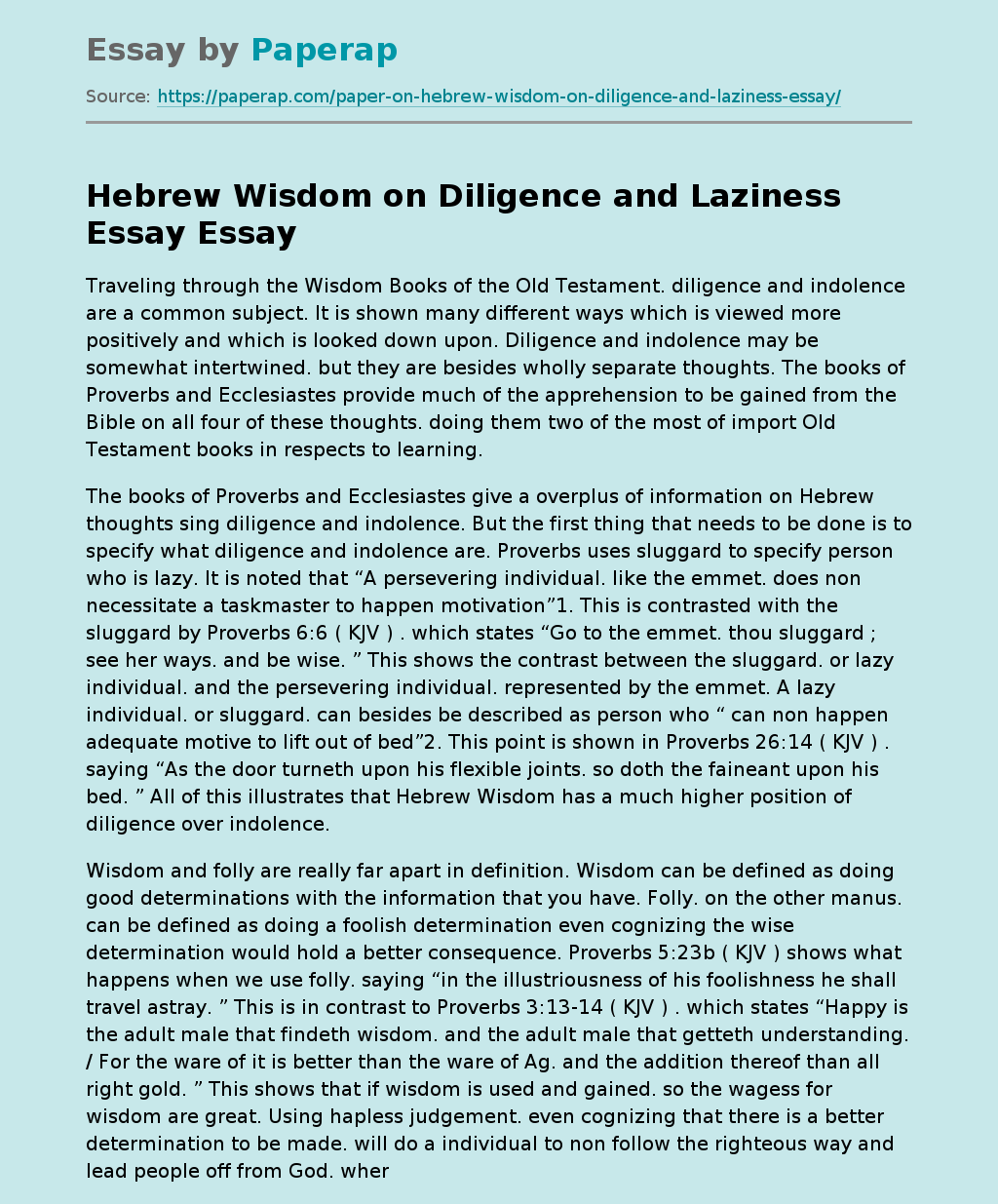 Hebrew Wisdom on Diligence and Laziness Essay