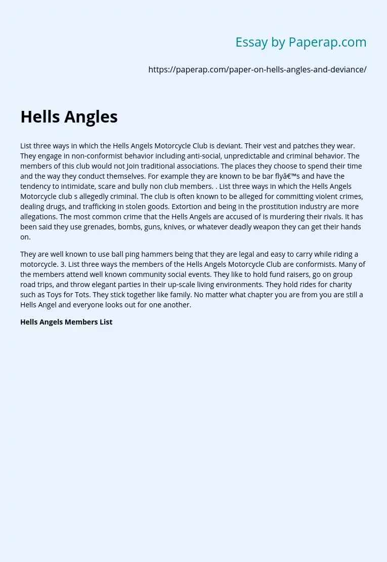 Hells Angles Free Essay Example