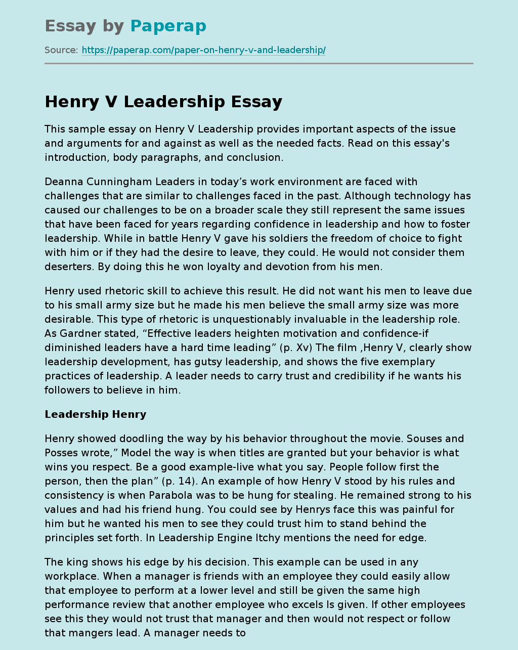 Leadership of Henry V and Deanna Cunningham