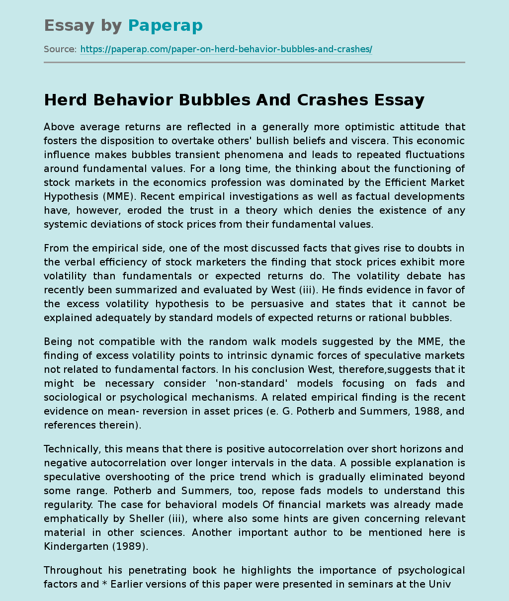 Herd Behavior Bubbles And Crashes