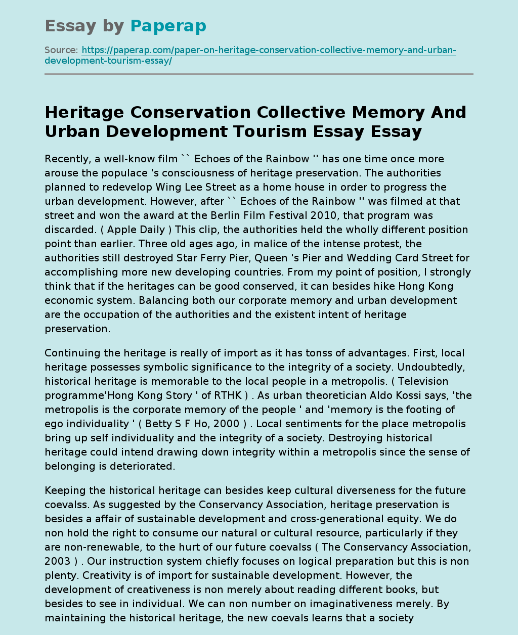 Heritage Conservation Collective Memory And Urban Development Tourism Essay