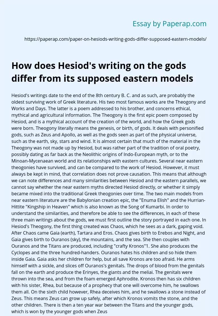 How does Hesiod's writing on the gods differ from its supposed eastern models?