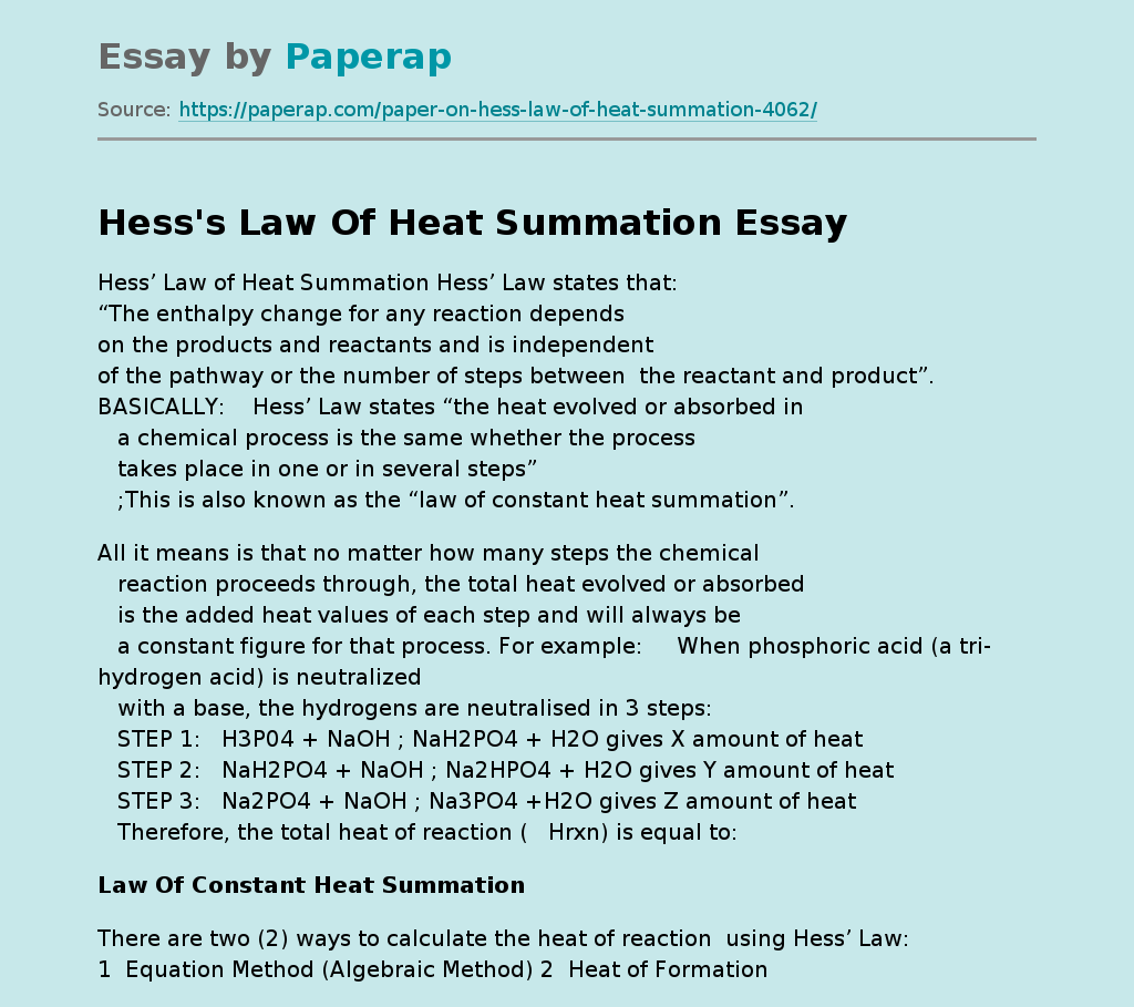 Hess's Law Of Heat Summation