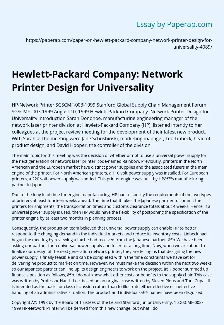 Hewlett-Packard Company: Network Printer Design for Universality