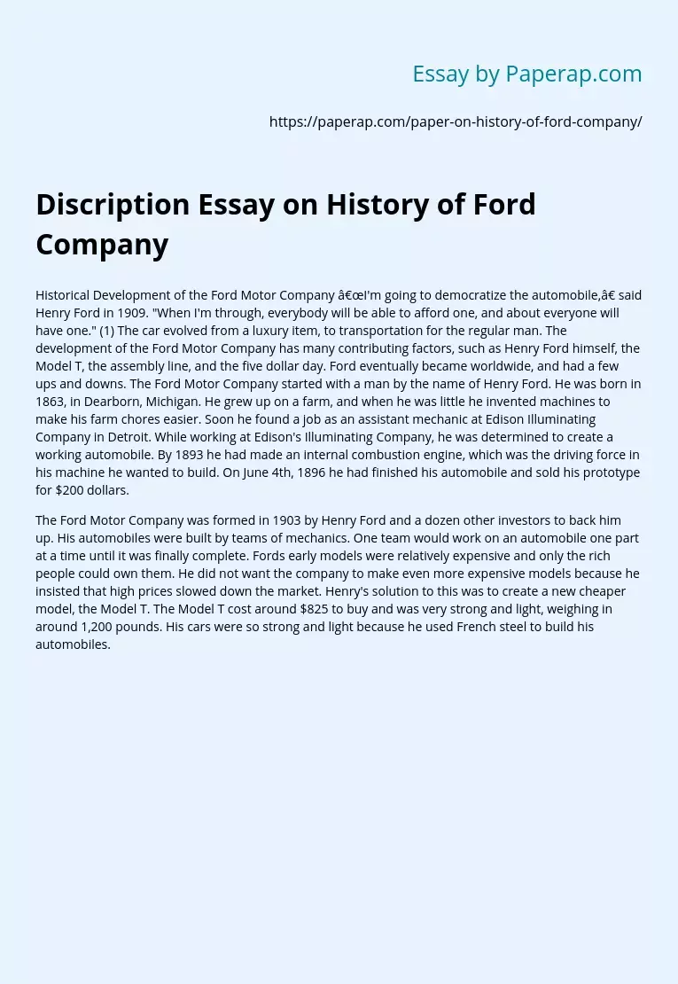 Discription Essay on History of Ford Company