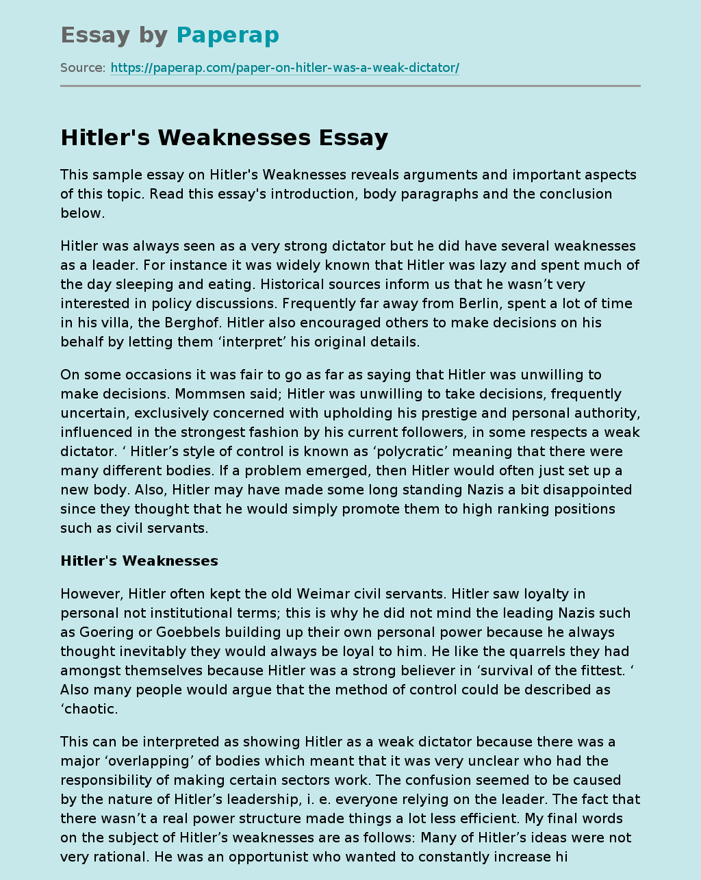 Several Weaknesses of Hitler
