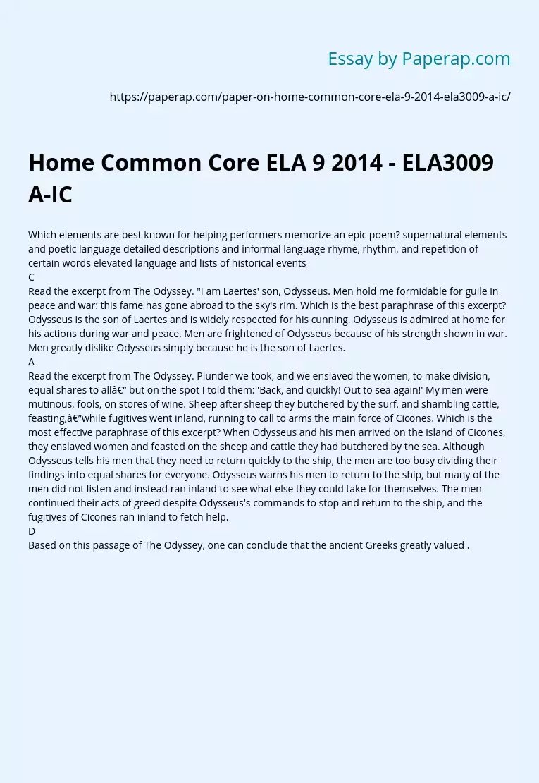 Home Common Core ELA 9 2014 - ELA3009 A-IC