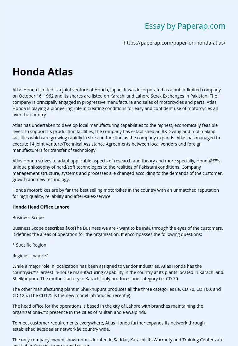 Atlas Honda: A Joint Venture with Honda Japan
