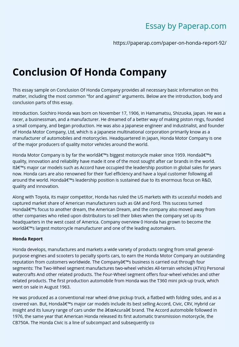 Реферат: The Problem With The Honda Motor Company