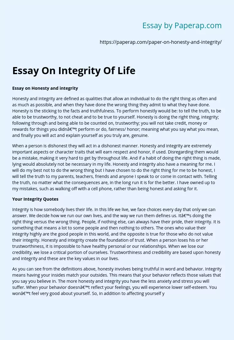 Essay On Integrity Of Life