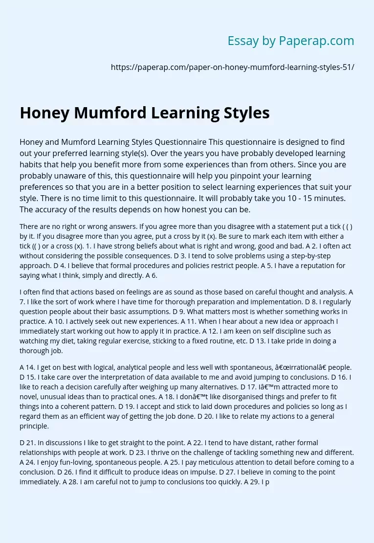 Honey Mumford Learning Styles