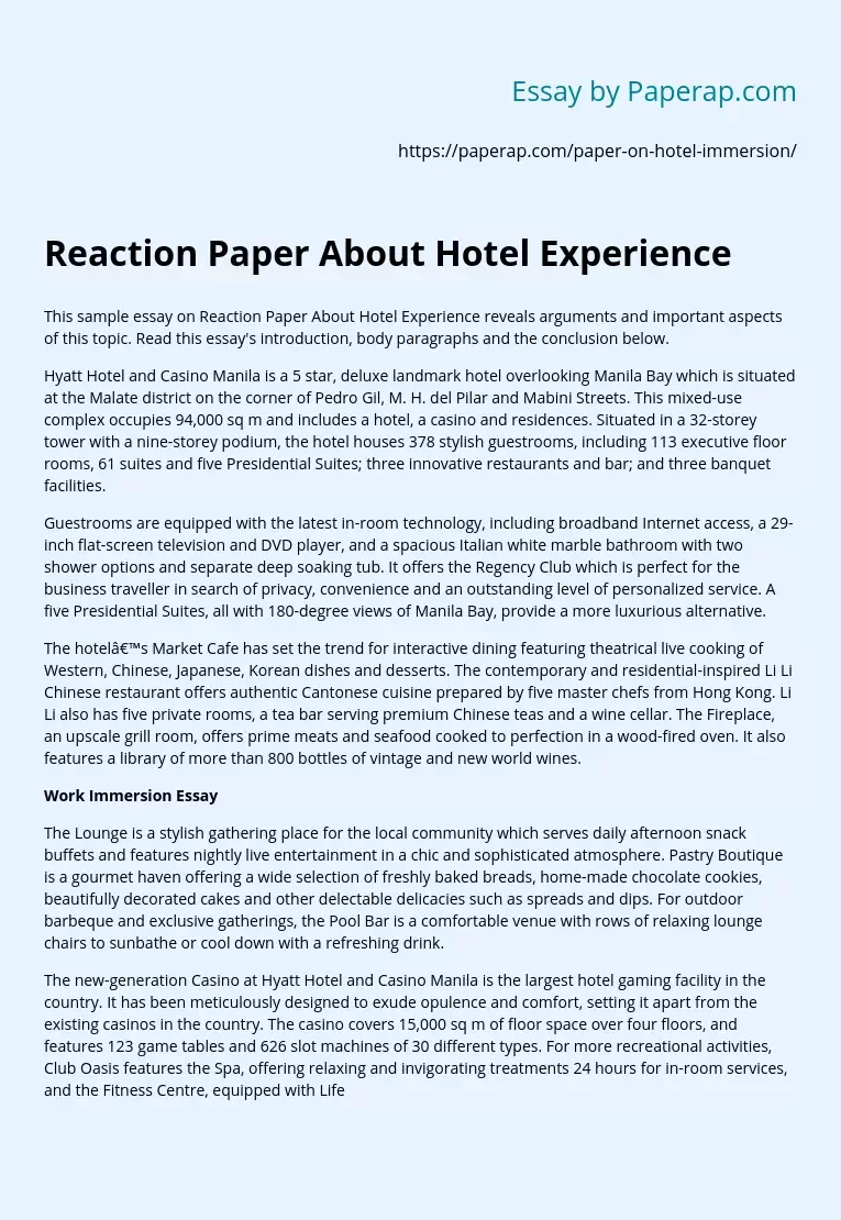 Reaction Paper About Hotel Experience